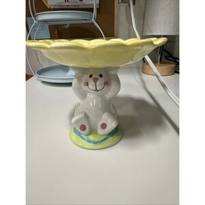 Ceramic Easter Bunny Holding Blue Flower W/Bumblebee Candy/Trinket‎ Dish 5"